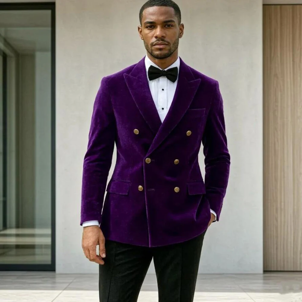 Classic Velvet Men Suits  Slim Fit Double Breasted Wedding Groom Tuxedo Gold Buttons Two Pieces Prom For Ceremony Evening Event