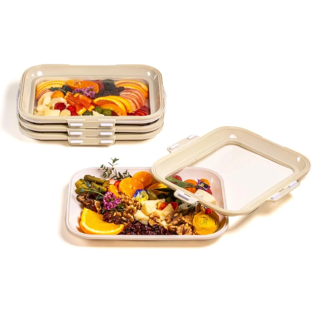 

US Shipping Portable Snack Tray 4-Pack Rectangle Cream White Reversible Stretch Lid Food Containers BPA-Free Freezer