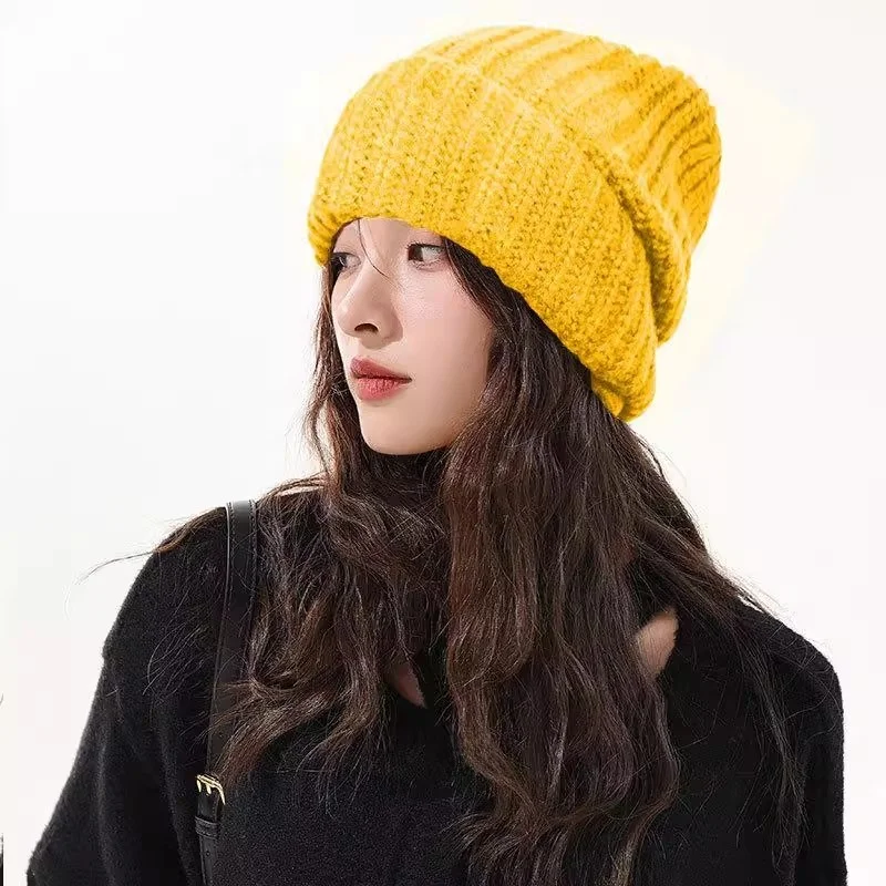 Knitted Ski Cap Unisex Warm Ear Protection Large Head Circumference Yellow Woolen Cap Winter Sports Travel Hat Foldable Adjus...