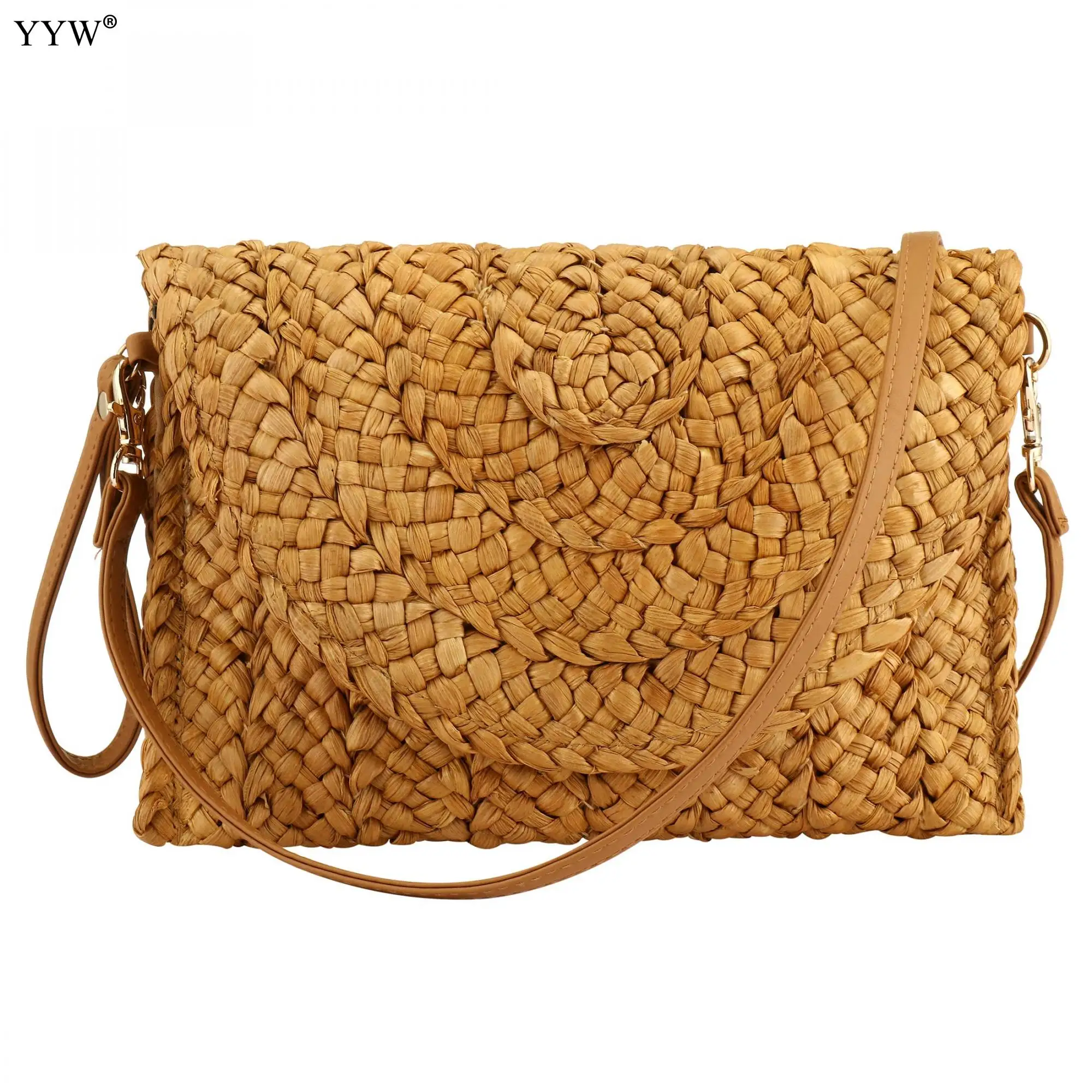 Straw Clutches Beach Bag For Women Summer Crossbody Straw Bag With Bag Strap Rural Style Woven Shoulder Bag Casual Purse Wallets