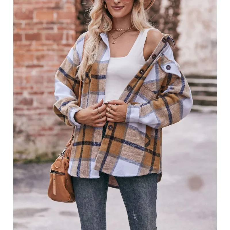 2023 New Autumn Fashion Casual Lapel Button Plaid Jacket Temperament Commuting Comfortable Loose Fitting Women\'s Pocket Shirt