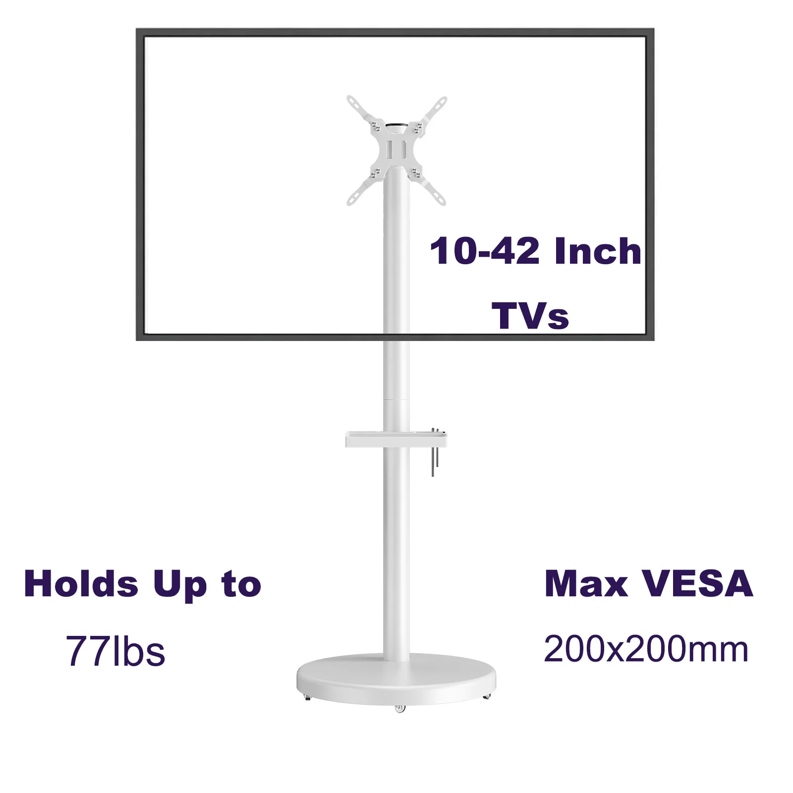 حامل تلفزيون متحرك على عجلات لأجهزة التلفاز ذات الشاشة المنحنية المسطحة مقاس 10-42 بوصة، عربة تلفزيون متنقلة قابلة للتعديل مع رف/صينية VESA 200 × 200 مم