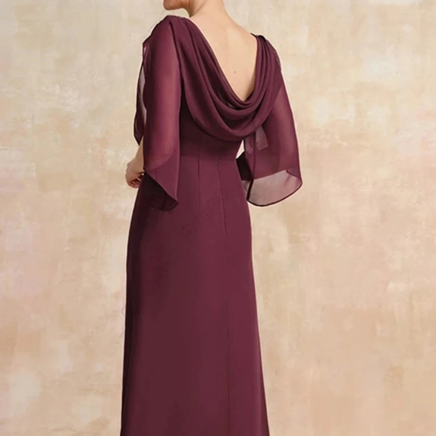 

Dress Burgundy Mother of the Bride Unique Draped Slit Sleeves Evening Dress with Boat Neck Elegant and Formal Prom Dress