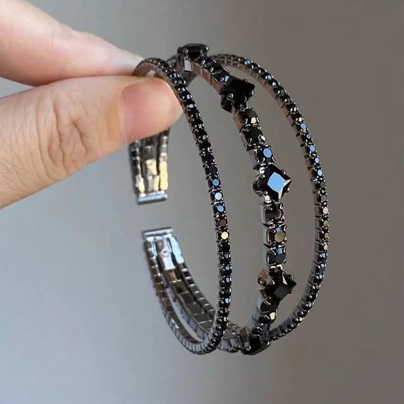 Gothic Black Open Ended Elastic Bracelet For Women 3 Row Synthetic Zirconia Inlaid Luxury Copper Bracelet  Jewelry Gifts