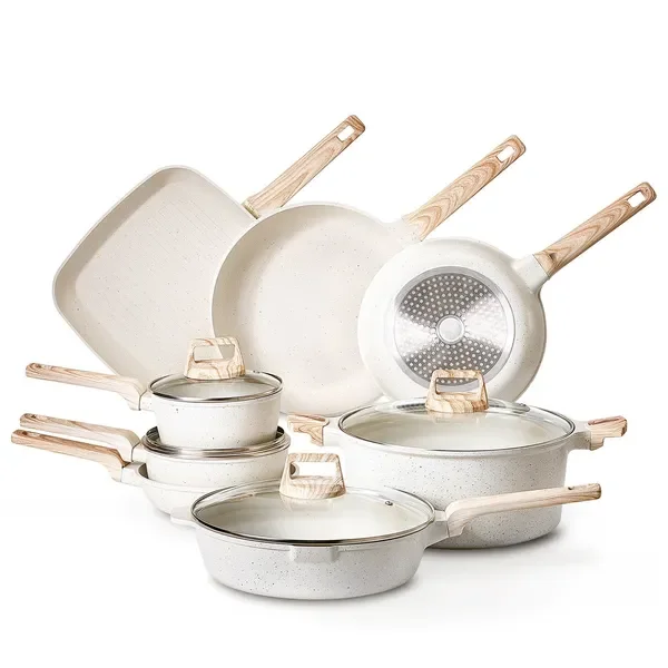 

19 Piece Pots and Pans Set Granite Nonstick Kitchen Cookware Induction White