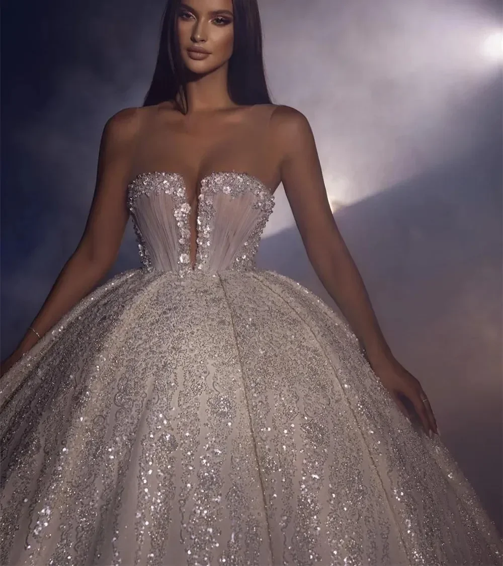 Luxurious Sequins Champagne Wedding Dresses 2026 Strapless Beaded Sequin 3D Flowers Dubai Arabic Puffy Bridal Bride Dress