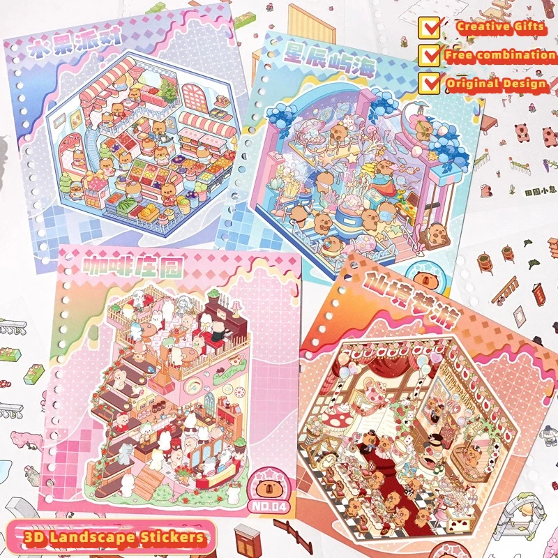 Cute 3D Cartoon Capybara Sticker Book DIY Landscape Cabin Scene Combination Book Set Game Books Festival Gifts