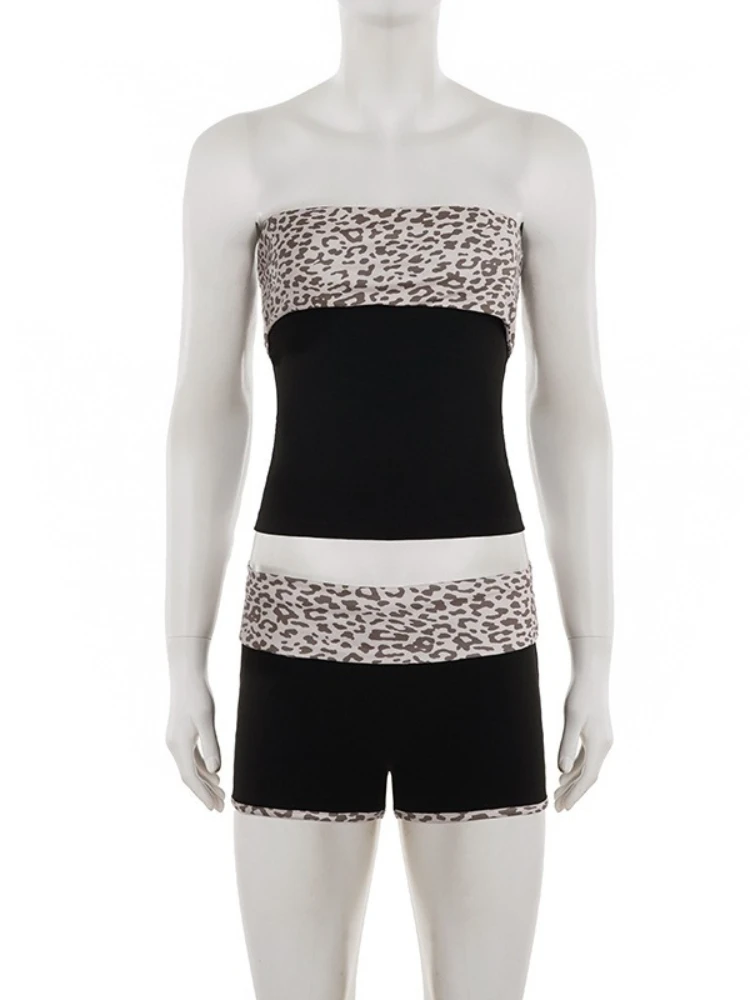 Stsss verão y2k hottie conjunto de 2 peças feminino sexy leopardo impressão retalhos sem alças sem mangas colheita topo & shorts finos combinando terno