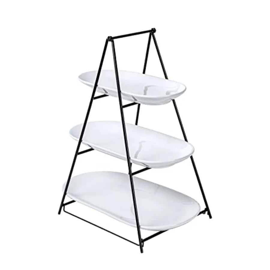

3 Tier Serving Tray for Parties White Oval Porcelain Serving Platters and Trays with Collapsible Metal Stand Tiered Dessert Sta