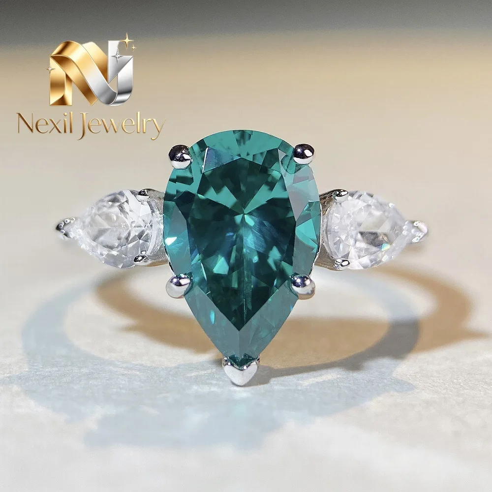 Nexil Jewelry   Nexil Jewelry  Luxury Solid Platinum PT950  Women's Water Drop Pear Diamond Ring Wedding Ring Emerald Moissanite