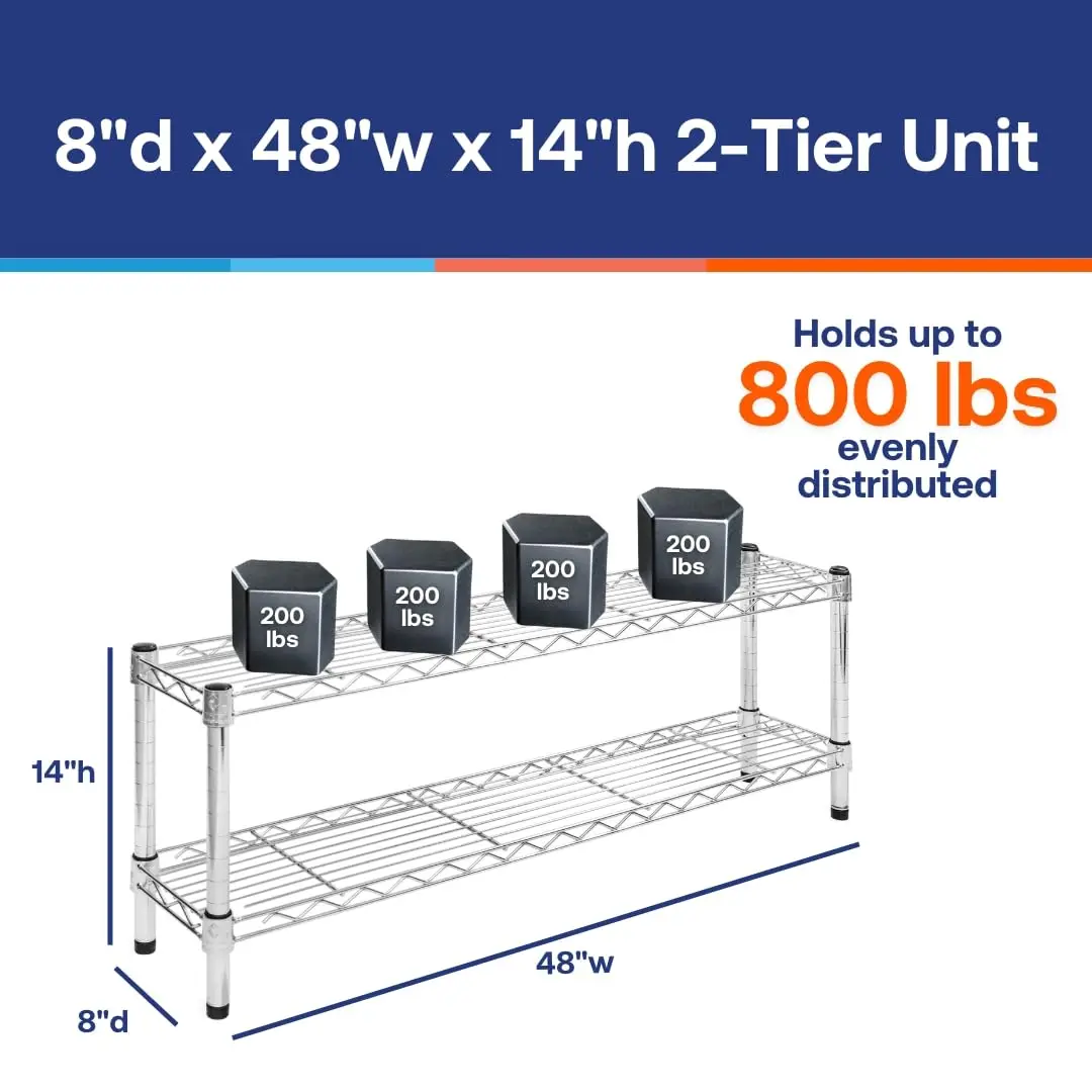Chrome Wire Shelving 2 Tier 8x48 Inch Storage Rack, Customized