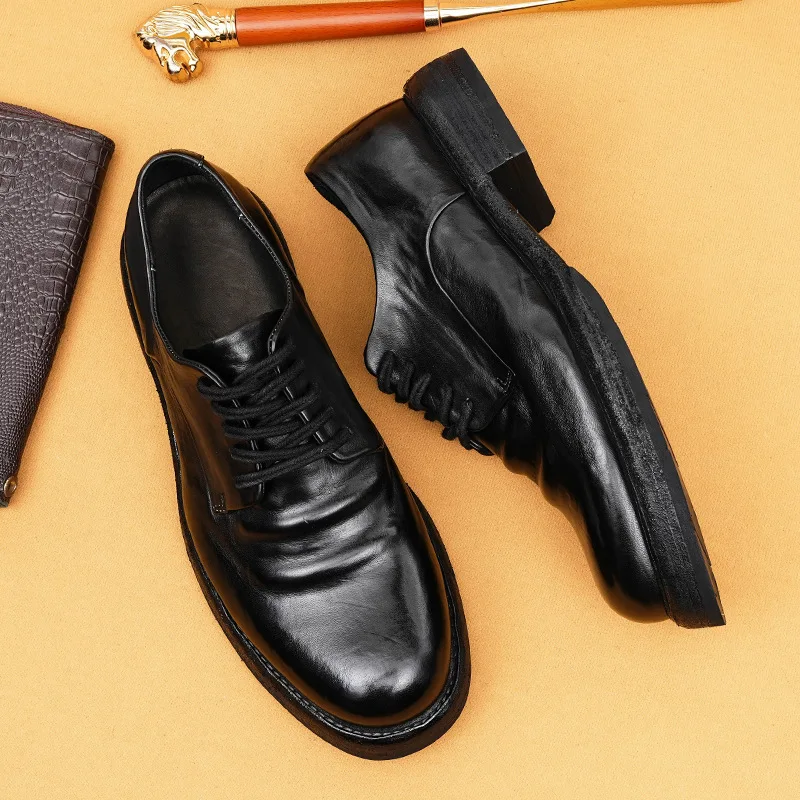 Goodyear Welted Men's Derby Shoes Washed Horsehide Leather Sole Vintage Business Casual Big Head Shoes, Handmade Retro Footwear