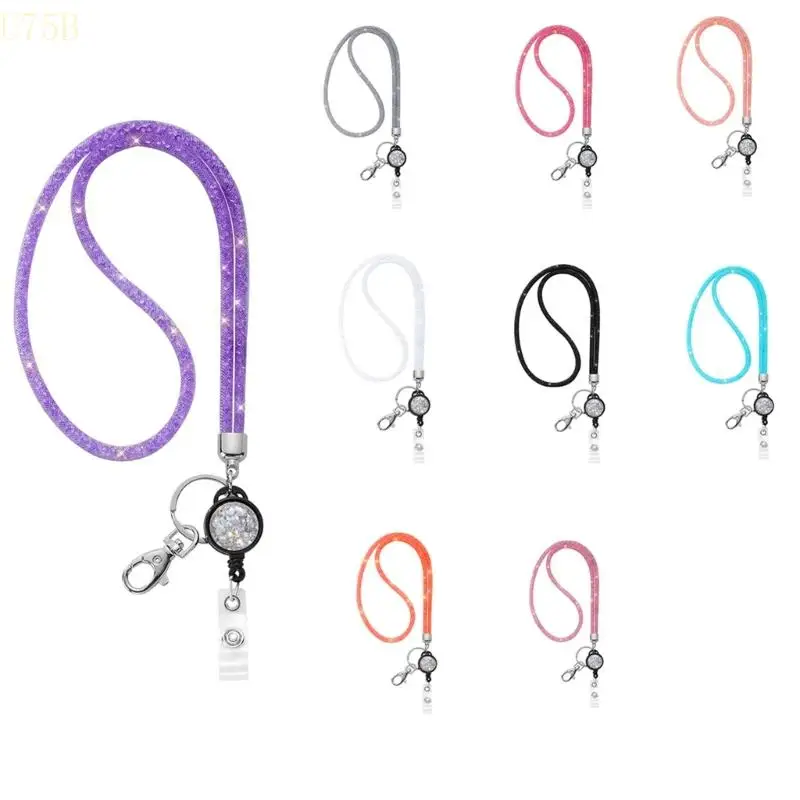U75B Sparkling Lanyard For Badge Card Holder and Keys Retractable Rhinestones Lanyards Keychain Lanyard Necklace for Women