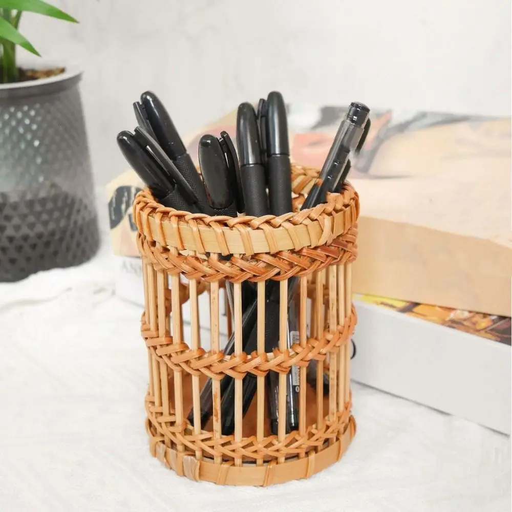 Natural Materials Bamboo Woven Pen Container Multi-functional Home Office Makeup Brush Container Tabletop Storage Handmade