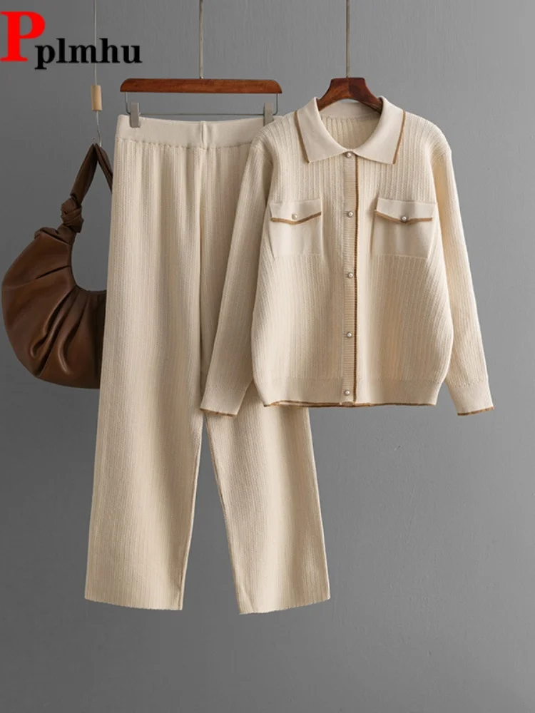 

Striped Fashion New Knitted 2 Piece Set Women's Casual Straight Outfit Polo Neck Single Breasted Knitwear Sweater Conjuntos