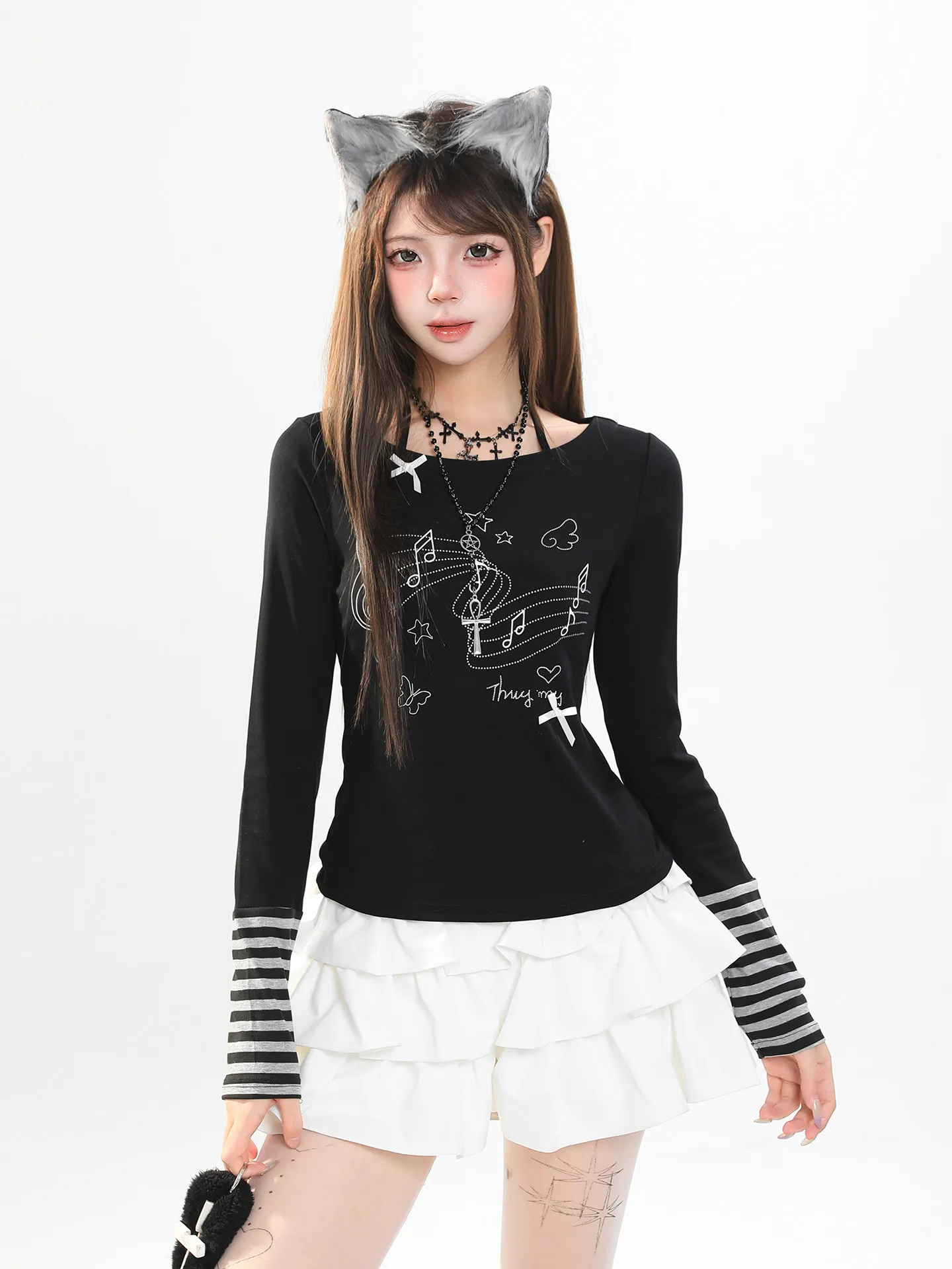 Sweet Cool Rock Girl Note Print Stripe Long Sleeve Women's Slim Fit round Neck Unique Beautiful Top Casual Style Knitted T-shirt