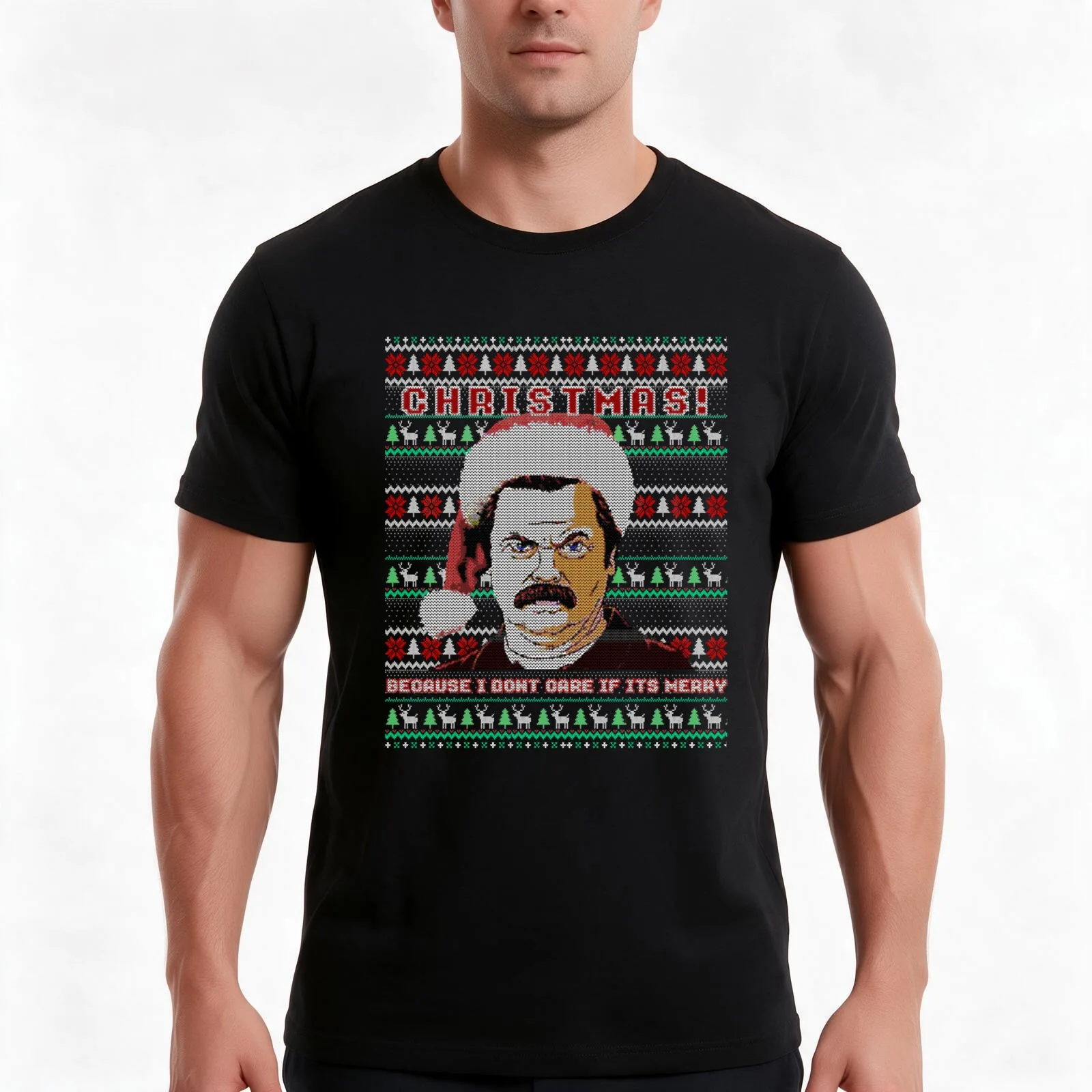 Ron Swanson Christmas - funny ugly sweater T-Shirt, Summer Casual Cotton Tee, Oversized Streetwear Tops, Vintage Graphic Print