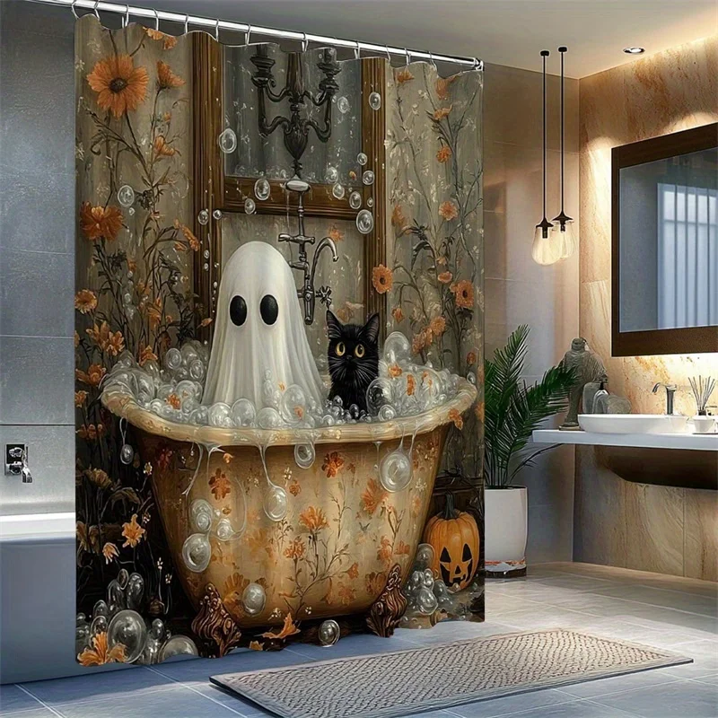 New in 2026 One Halloween-Themed Shower Curtain Showcasing a Black Cat, Ghost, Bubbles, Autumn Orange Flowers, a Vintage Window with a Chandelier, And Pumpkin Details, Measuring 70.86X70.86 Inches And Including 12 Hooks