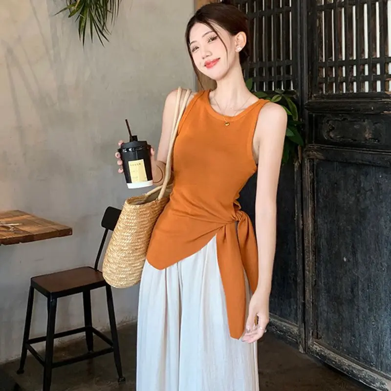 سترة بروتيل محبوكة بلون سادة لملابس الصيف، حزام خصر غير منتظم مفتوح بدون أكمام