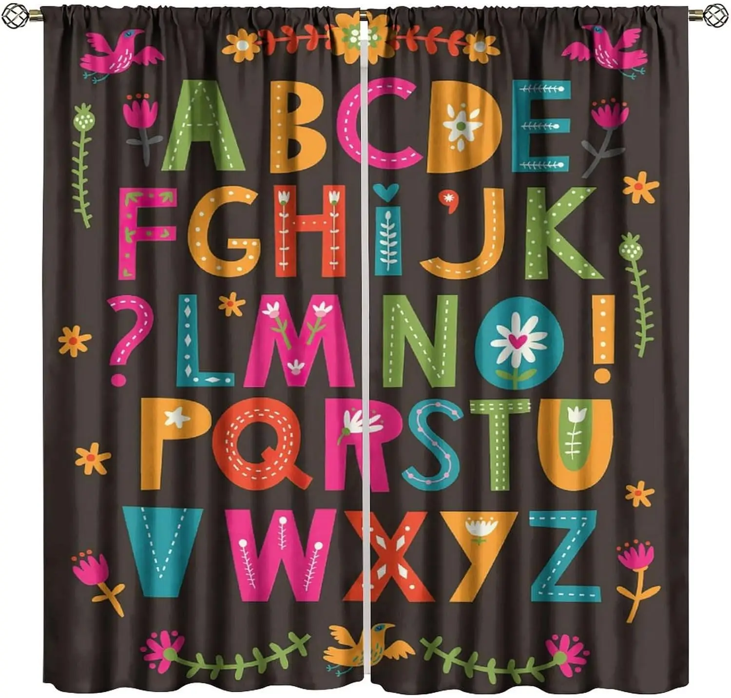 Kids Alphabet ABC Curtains, Cartoon Colorful Flower Alphabet Educational Window Drapes, for Children Bedroom Living Room