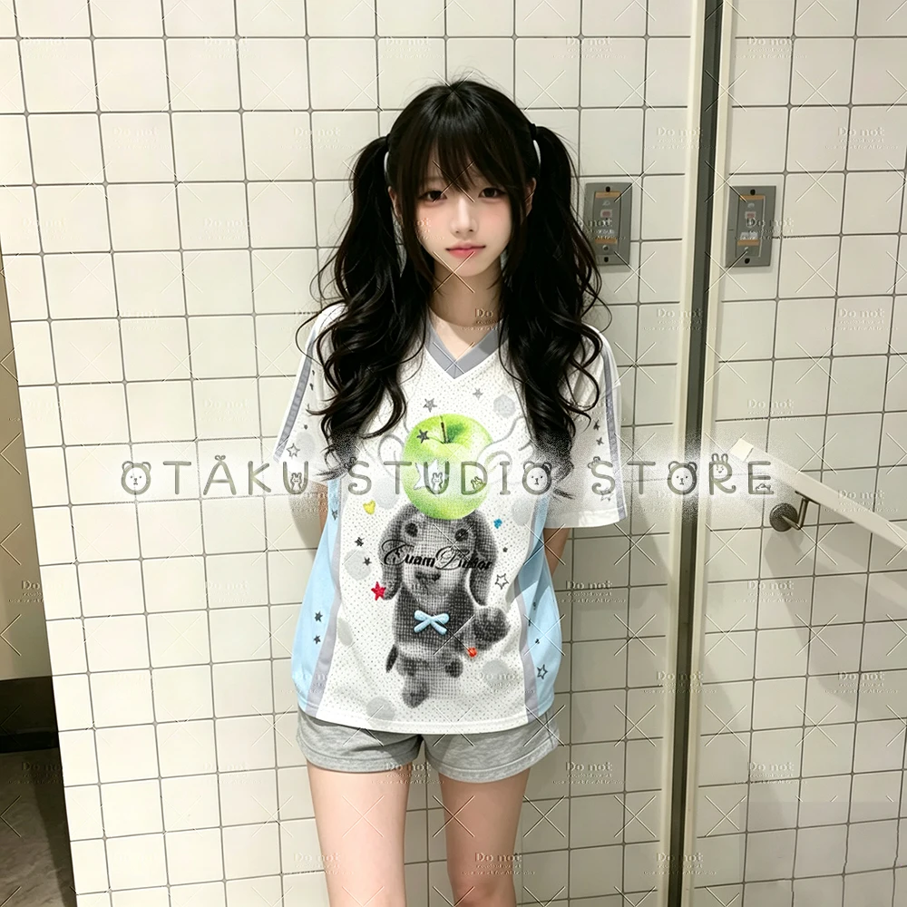 Harajuku Y2K Egirl Unisex Tshirt Sweet Moé Nijigen Cute Dog Apple Print Pastel Blue Spliced V-neck Jersey Oversized Short Sleeve