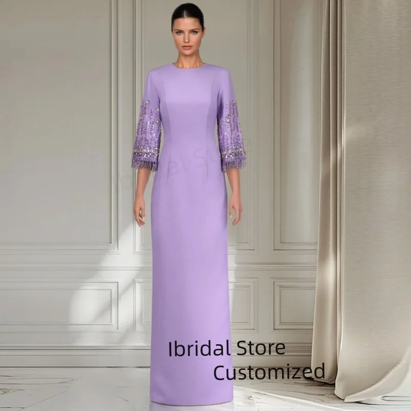 

Customized Classic Arabic Evening Dresses Lilac Round Neck Prom Gowns 3/4 Sleeves Crystal Beaded Wedding Guest Dresses Back Slit