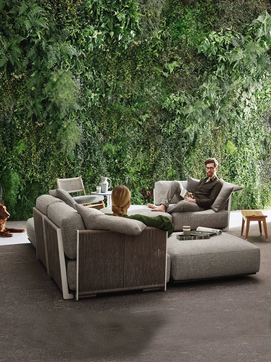Outdoor sofa, rattan woven chair, outdoor rain and sun protection tea table combination
