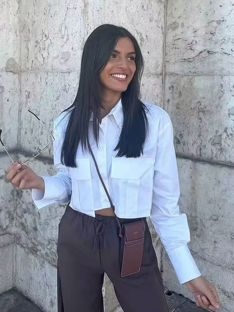 HH 2024 Women's Trendy Solid Causal Blouse Long Sleeves With Pockets Trim Turn-down Collar Chic Shirts Versatile Tops