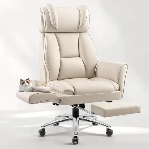 Big and Tall Office Chair, Flip Armrests for Pets & Cross Legged Sitting, Ergonomic Leather Executive Desk Chair with