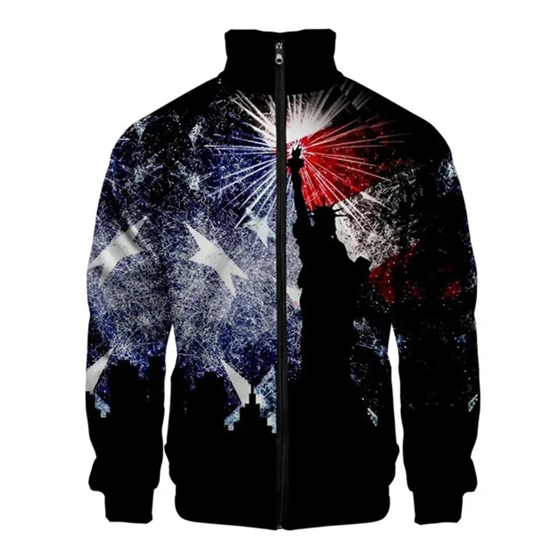 USA Flag American Stars And Stripes Lapel Jackets Zipper Jacket 2024 Daily Casual Long Sleeve Street Coat Clothes Male Tops 4XL