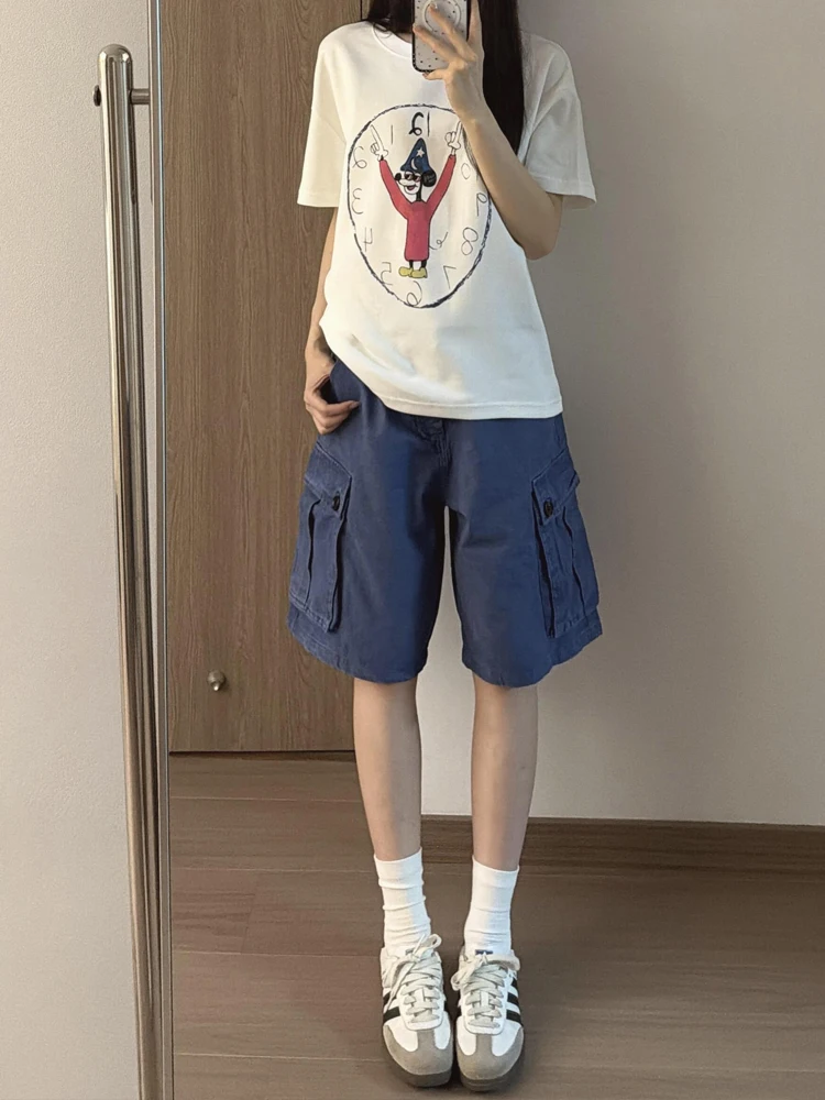 Sweet Cool Spicy American Workwear Style Five-Point Denim Shorts Women Summer Multi-Pocket Loose Casual Wide Leg Mid-Pants
