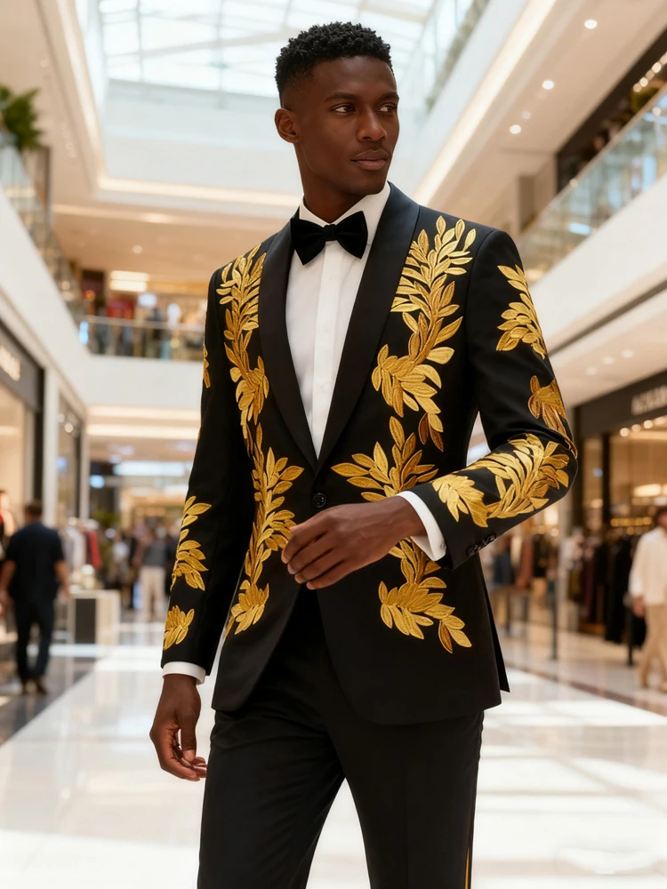 

Men's floral embroidery slim-fitting single-button two-piece suit set, suitable for parties, weddings, banquets, and balls