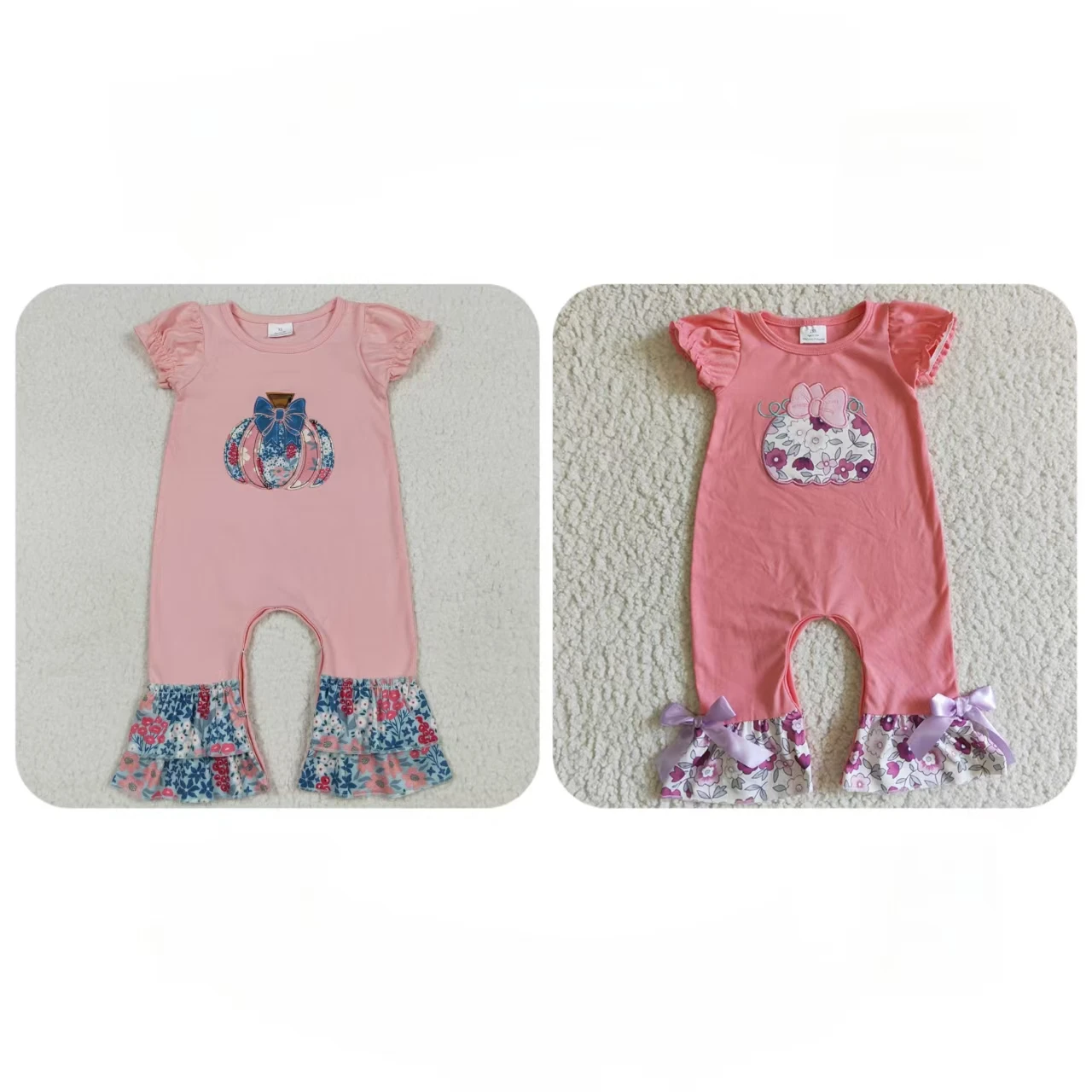

Wholesale Baby Girl Embroidery Pumpkin Bow Floral Children Romper Toddler Thanksgiving Newborn Ruffle Flower Coverall Bodysuit