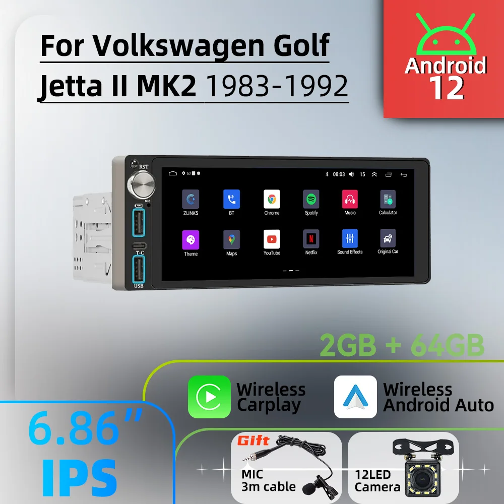 

Carplay Autoradio 6.86" 1Din Radio Android Car Multimedia for VW Volkswagen Golf Jetta 2 II MK2 1983-1992 Stereo Head Unit GPS