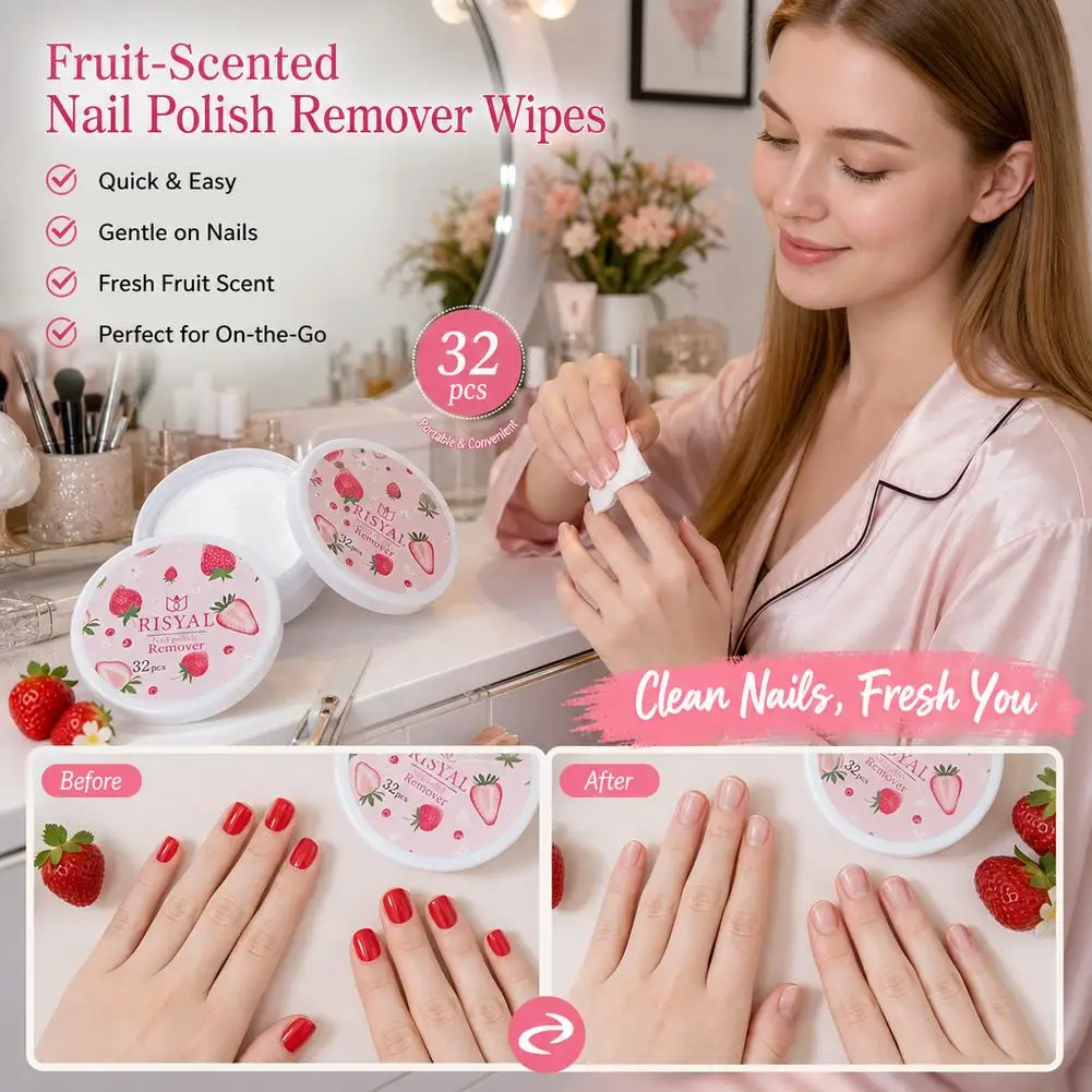 32pcs/Box Strawberry Nail Polish Remover Pads Fruity Scent Disposable Nail Polish Remover Wipes Moisturizing Nail Cleansing Pads view 5