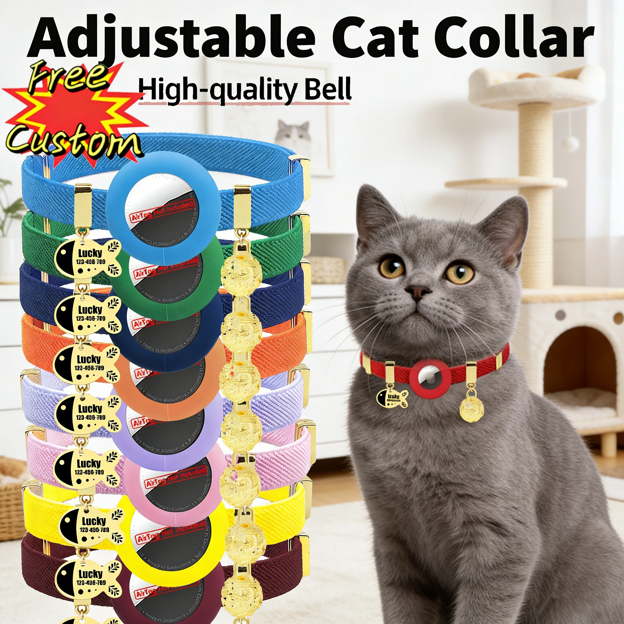 

Customized Pet ID Name Tag AirTag Cat Collar with Bell AirTag Holder Pet GPS Tracker Necklace Breakaway Dogs Cute Kitten Collars