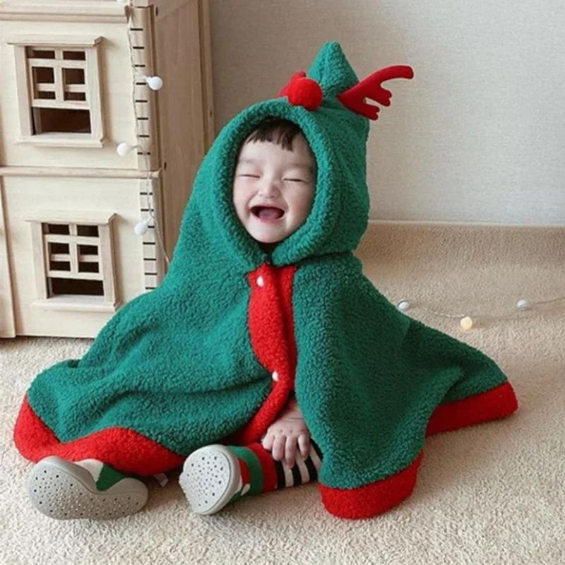 Christmas Winter Baby Boys Girls Cloak Coat Thick Baby Cloaks Red/Green Festival Clothing Cartoon Deer Horn Hooded Windproof