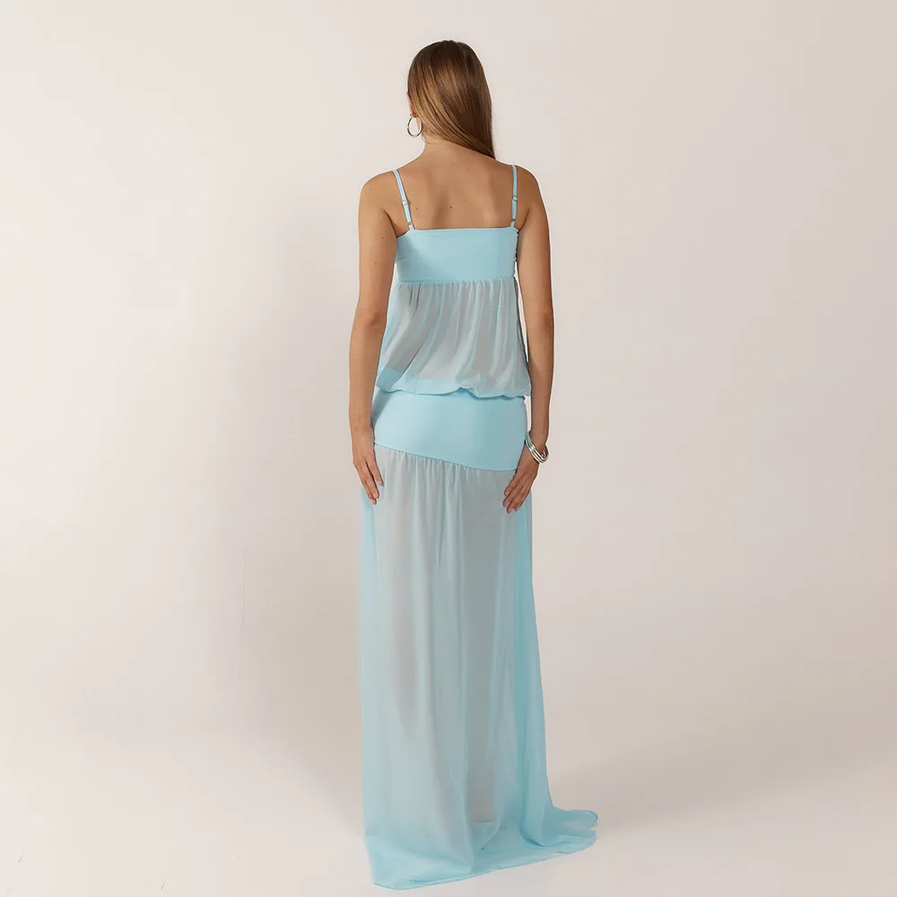Light Sky Blue Women's Prom Dress Sexy Stripe Sleeveless See Through Sheer Long Robe Casual Formal Birthday Wedding Party Gown