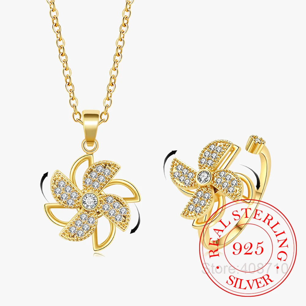925 Sterling Silver Jewelry Crystal Lucky Pinwheel Spinning Jewelry Set 2pcs Rings Necklace for Women Wedding Party Jewelry Gift