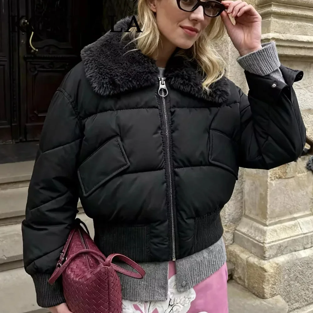 

KONDALA 2025 осень-зима винтажные женские куртки с воротником из искусственного меха модные элегантные однотонные шикарные женские элегантные теплые пальто на выход