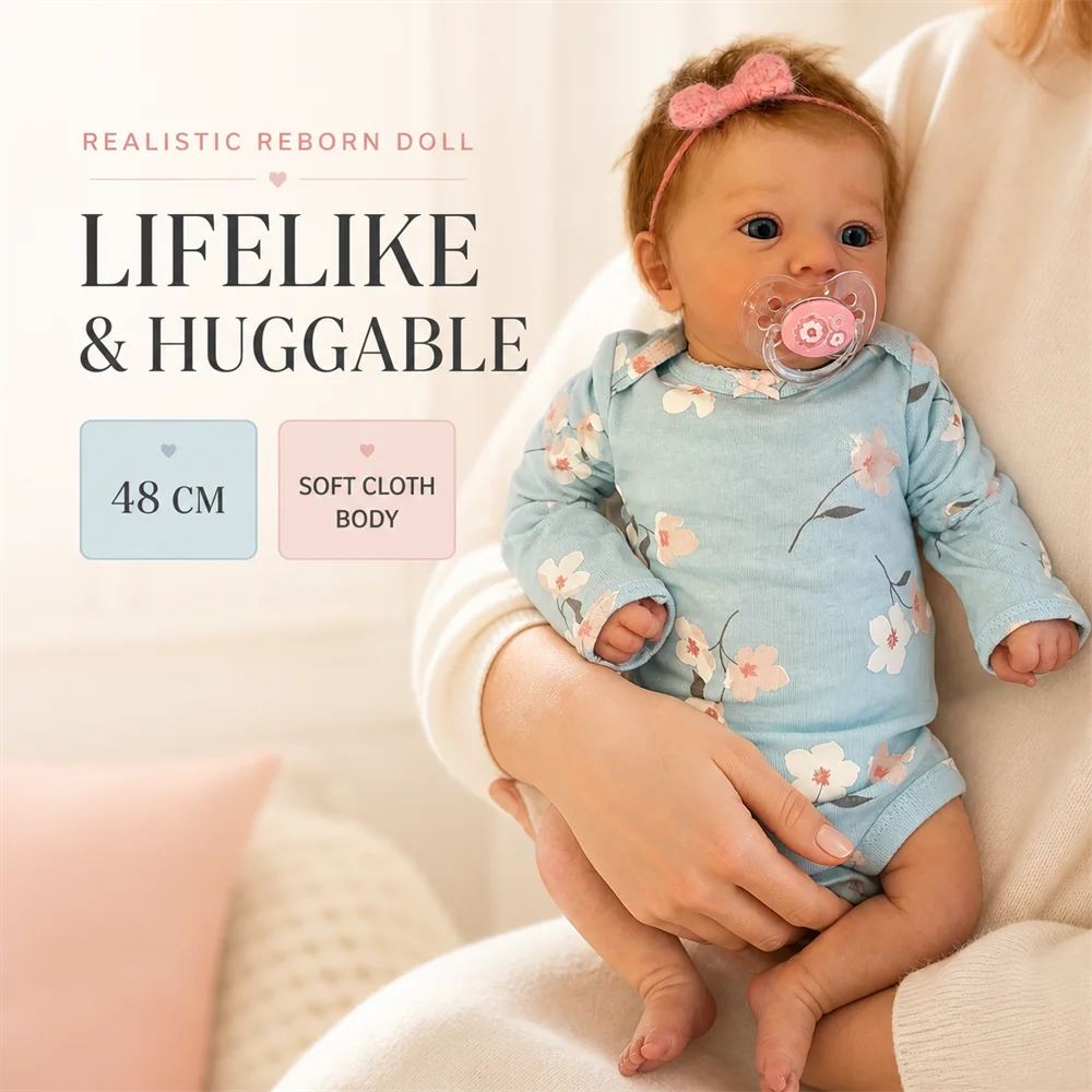18 Zoll Reborn Babypuppe Mädchen Lebensecht Weiches Silikon-Vinyl Neugeborenes Baby mit Tiefblauen Augen Magnetischer Schnuller Blumen-Strampler Kinderspielzeug Geschenk