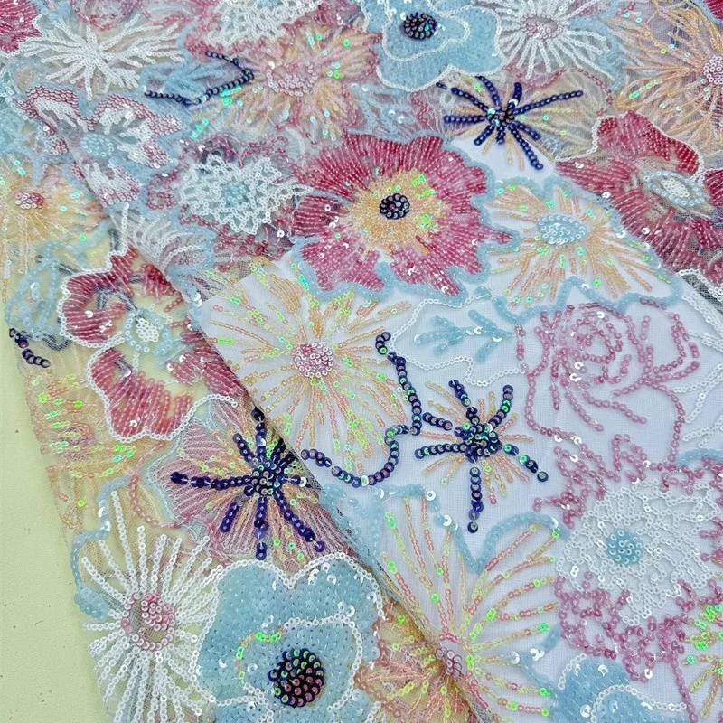 1 yard Heavily embroidery Colorful Sequins Flowers lace fabric For Evening Ball Gown Sewing Costume Design Grad Projects