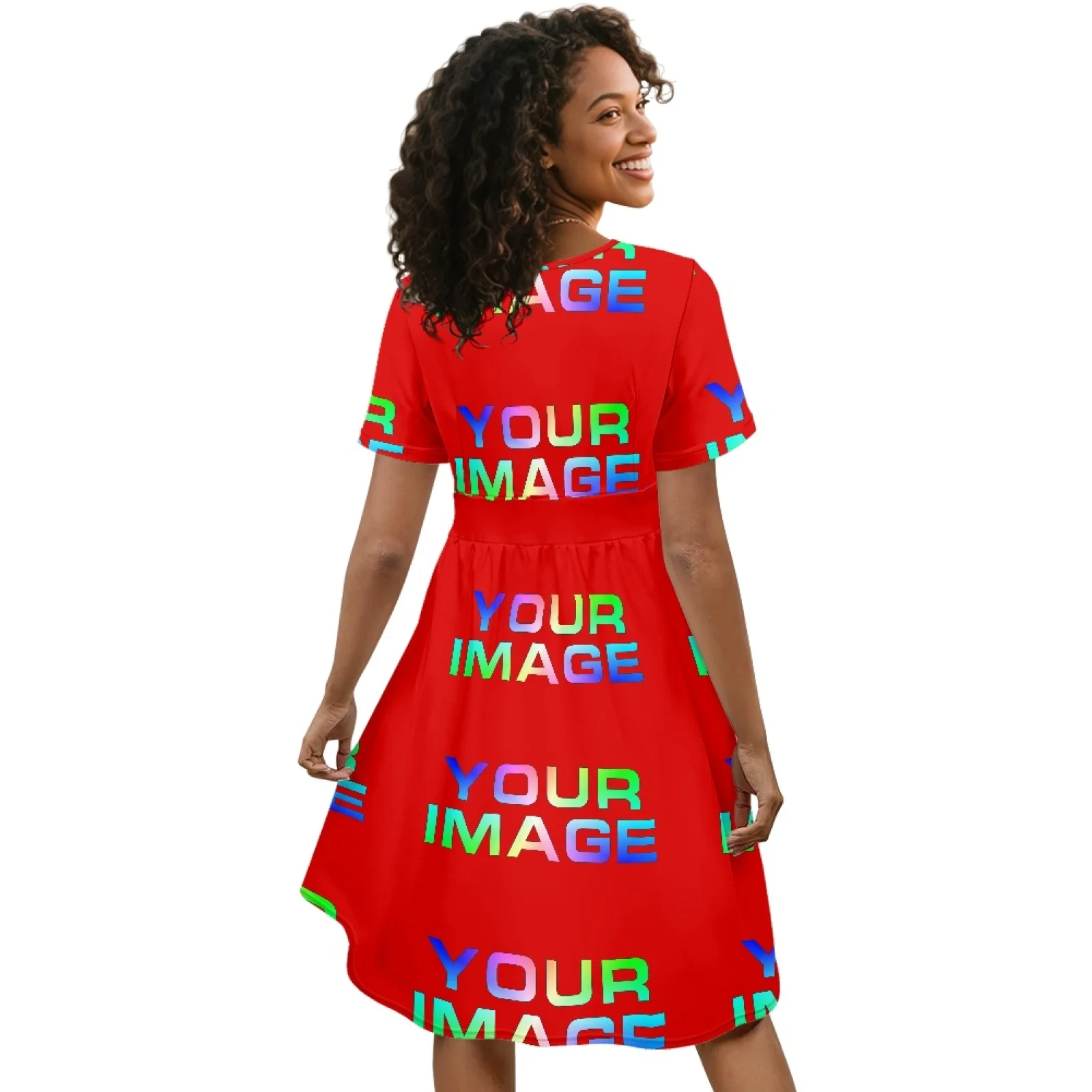Women Summer Elastic Waist Short Sleeve Elegant Dress Casual Beach V Neck A-Line Mini Dresses Custom Dress Print On Demand view 5