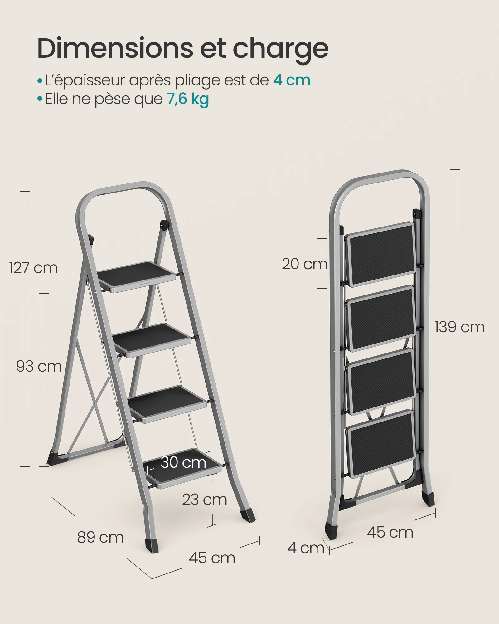 SONGMICS Step Ladder, 4-Step Ladder, Folding Ladder, Safety Lock, Space-Saving Storage, Holds up to 150 kg, Dove Grey