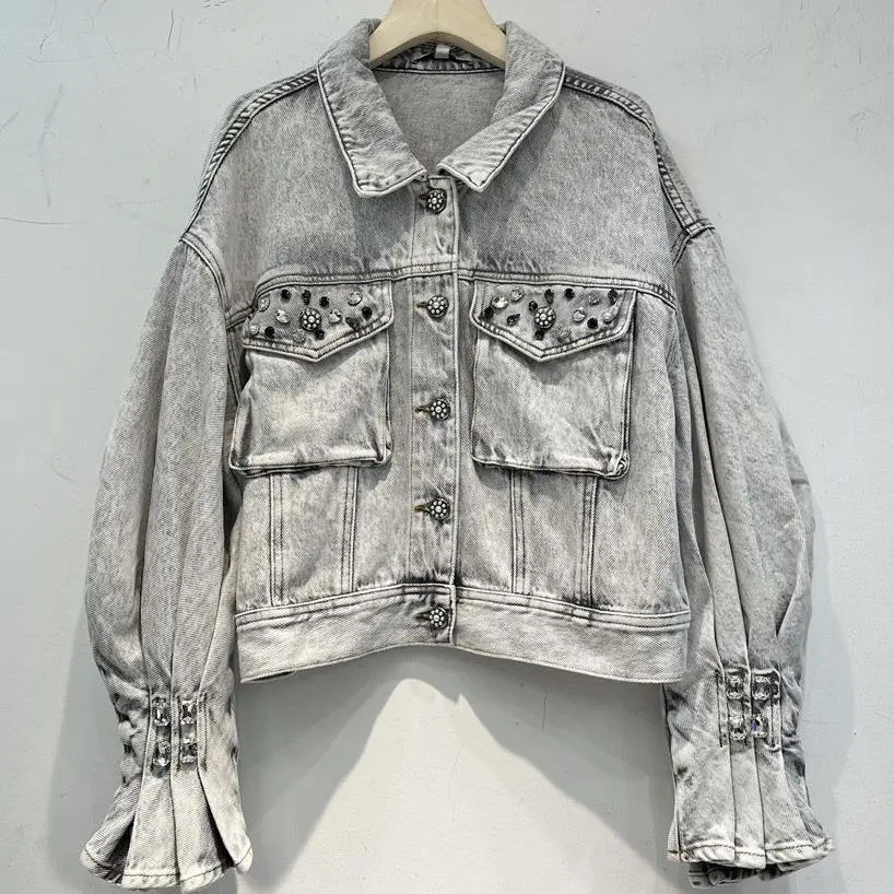 

2023 Spring New Vintage Distressed Short Denim Jacket For Women Beaded Diamonds Lapel Single Breasted Jacket Coats Y3678