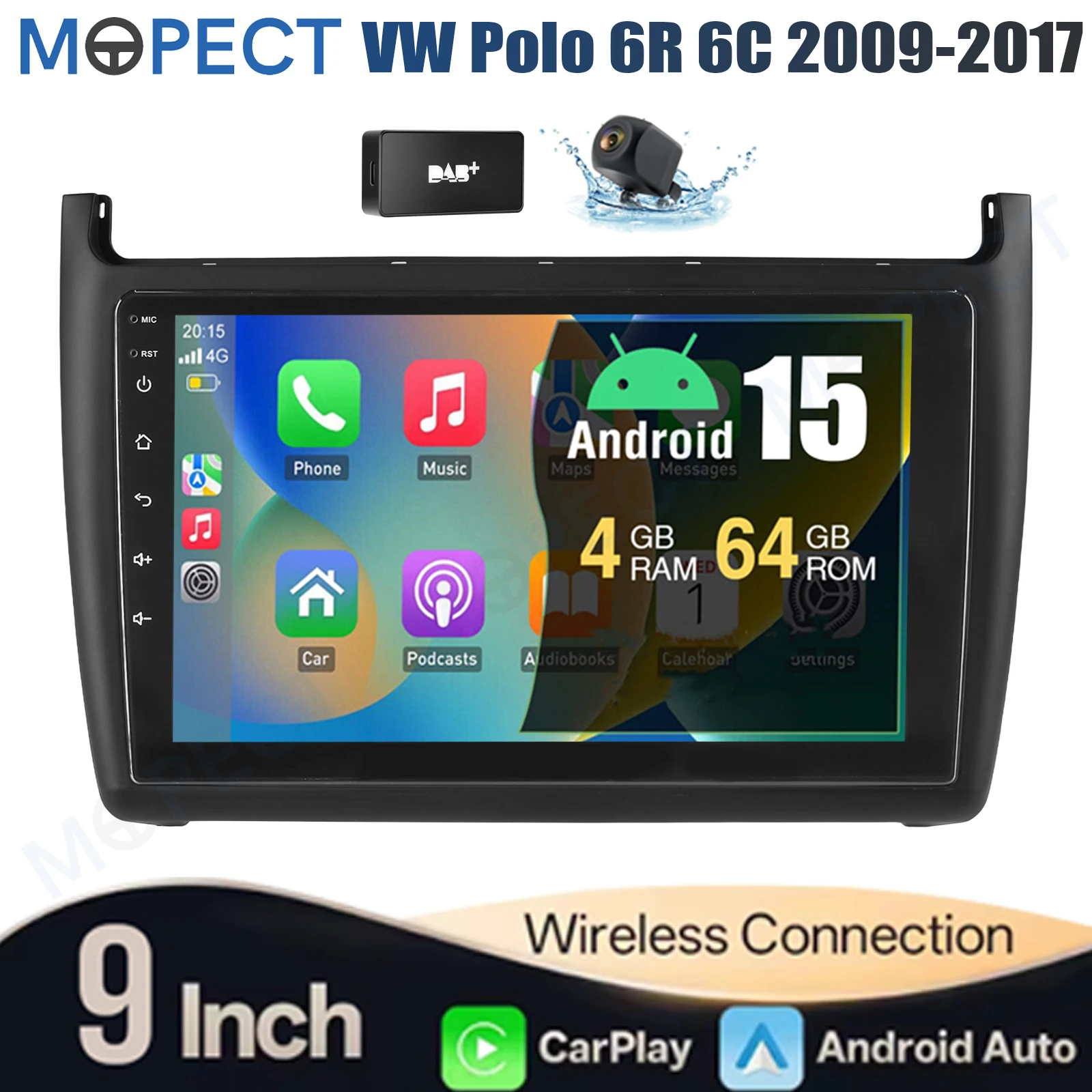 9 inch autoradio stereo 4+64G IPS touchscreen voor VW Polo 6R 6C V 2009-2017 AM/FM Android 15 CarPlay head unit GPS navigatie Bluetooth FM