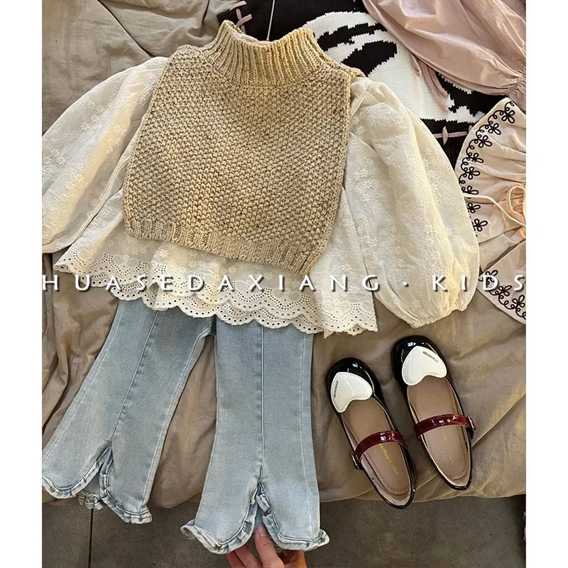 Children\'s Spring Autumn Fashionable Knitted Shawl Shirt 3 Pieces Set Korean Children\'s Clothing New Girls Vintage Suit