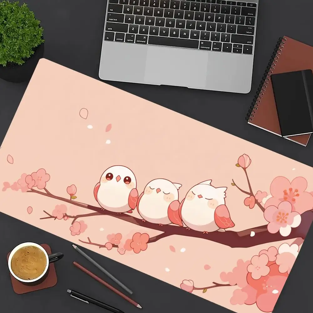 

Pink Sakura Birds Mouse Pad Large Computer Office Game Table Mat XXL Rubber Anti-slip Stitched Edge Keyboard Mats Long Desk Pads