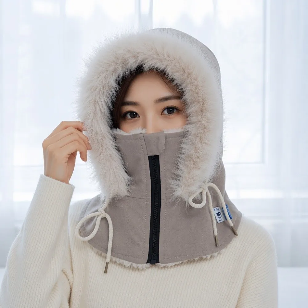 Thick Fleece Lined Winter Balaclava Hat Zipper Adjustable Fluffy Faux Fur Trim Thermal Hooded Scarf Unisex Design Windproof