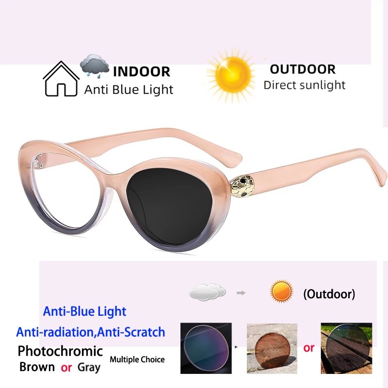 Brand Design Cat Eye Frame Myopia Glasses Prescription Photochromic Anti Blue Light Women Shortsight Eyewear 0 -2 -2.00 -2.25
